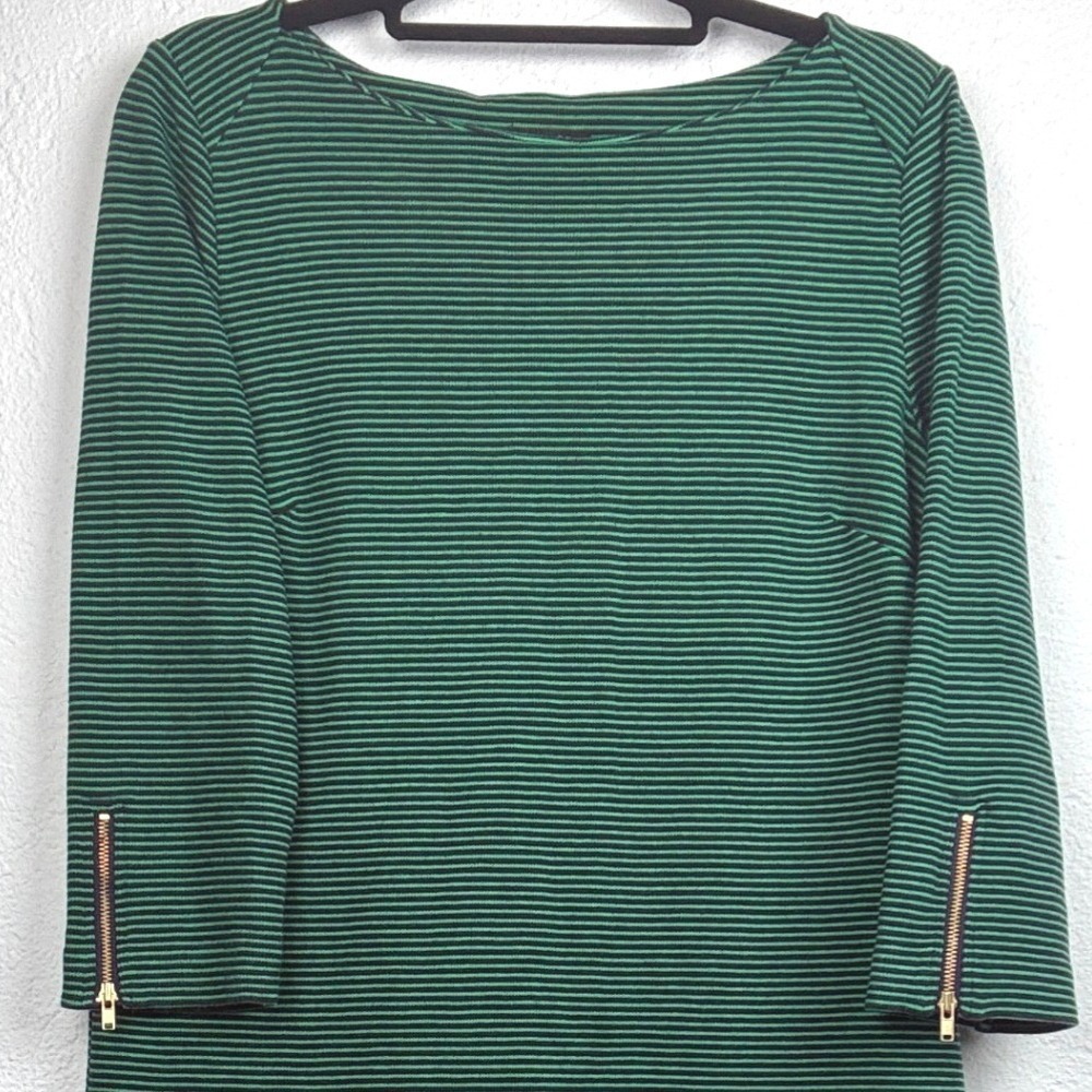 Talbots Green Striped Shift Dress - MP - Zip Cuff Boat Neck Preppy Classic